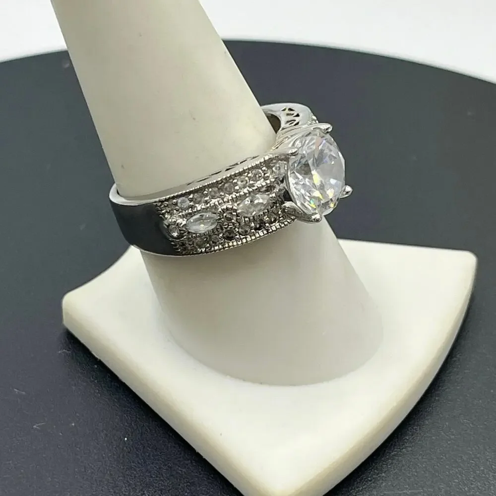 PP Signed 925 Sterling Silver Large Round CZ Engagement Promise Ring Sz‎ 9.5